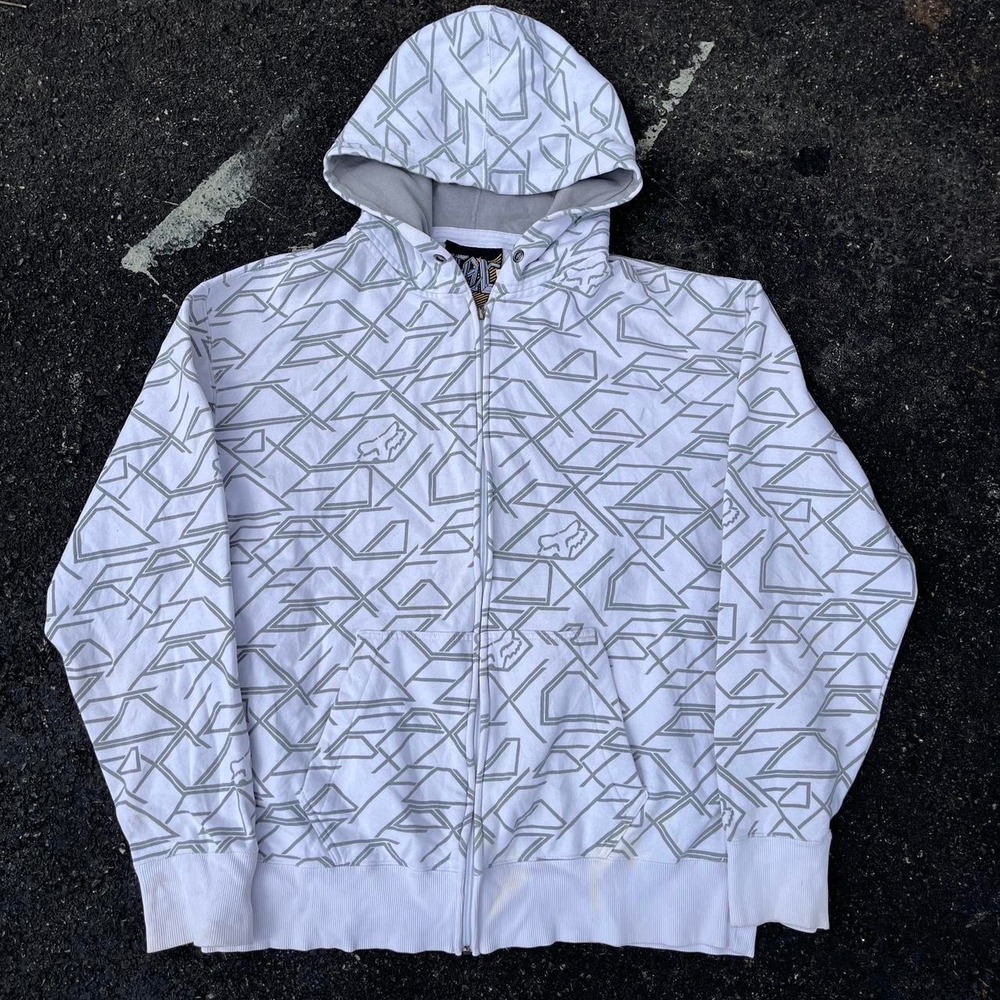 Fox Racing Y2K Zip Up Hoodie Men's Size XL Gray White Jacket Pockets
